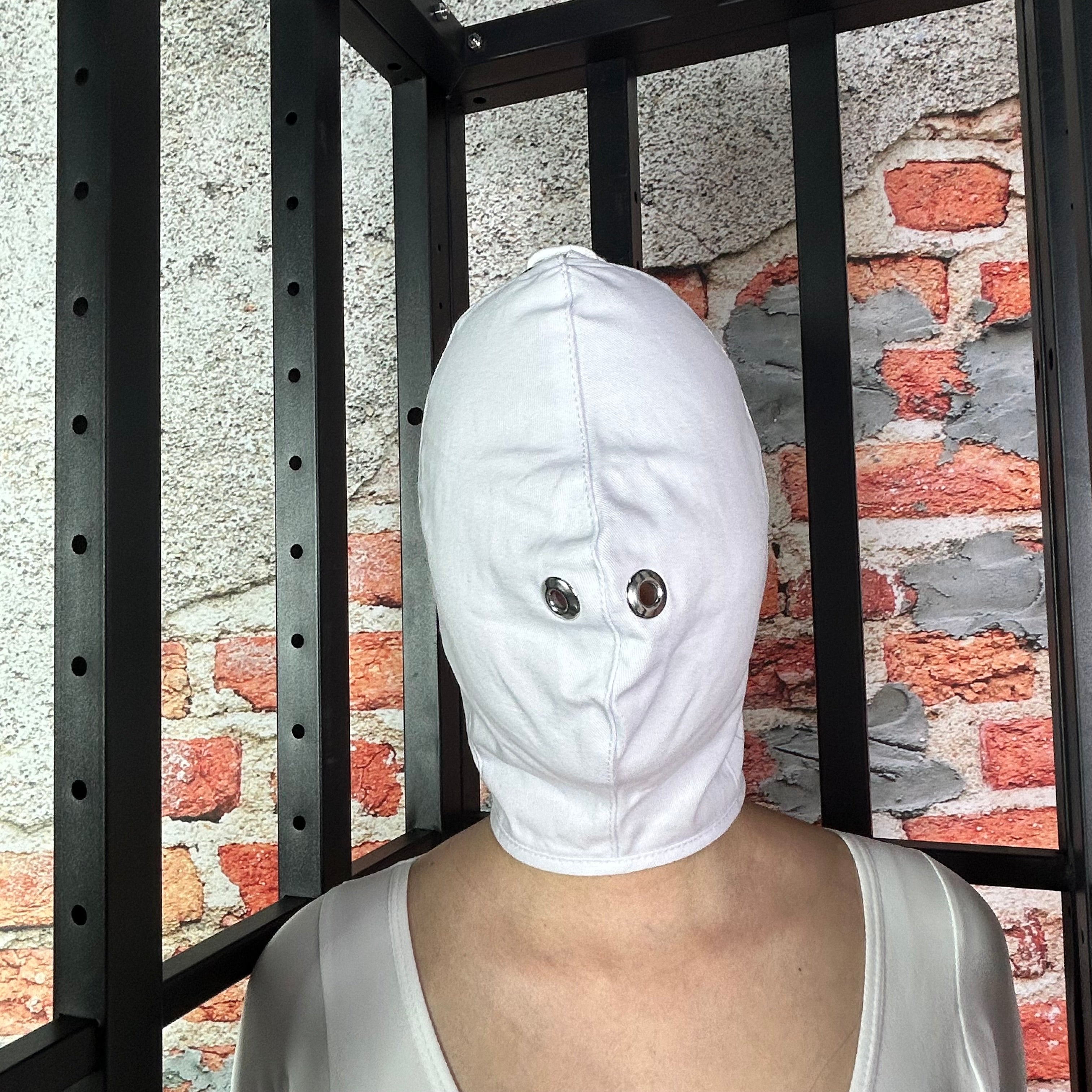 Quirky Bondage Hood Full Face Cover Mask Drawstring at Back Beige