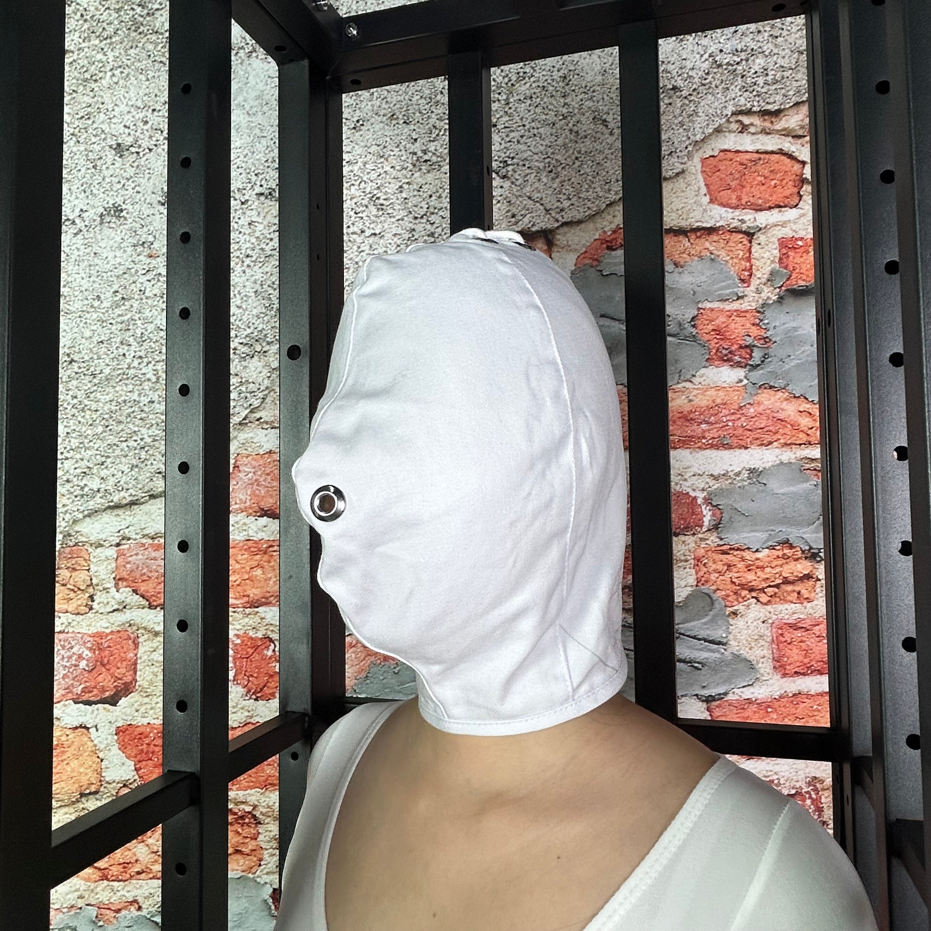 Quirky Bondage Hood Full Face Cover Mask Drawstring at Back Beige
