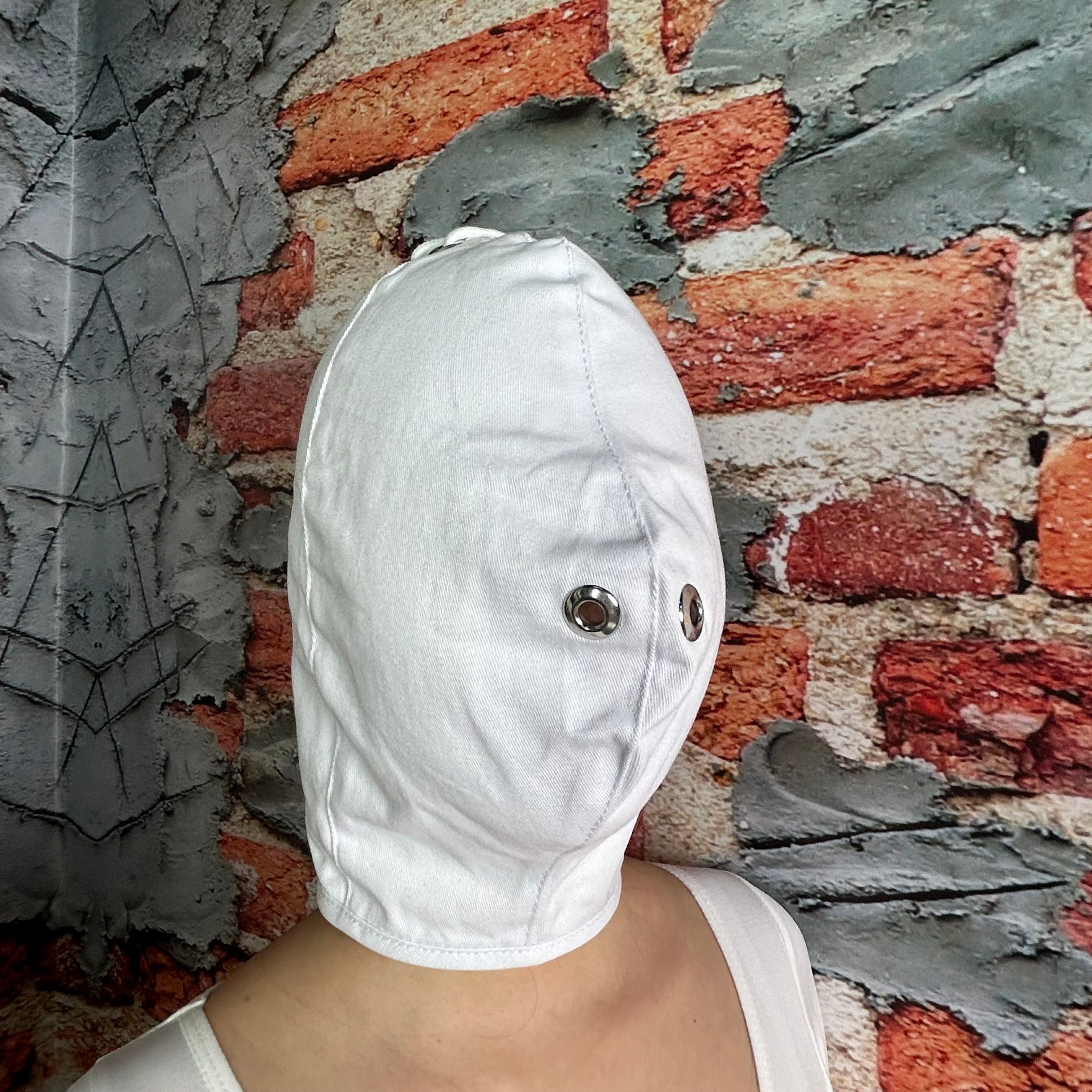Quirky Bondage Hood Full Face Cover Mask Drawstring at Back Beige