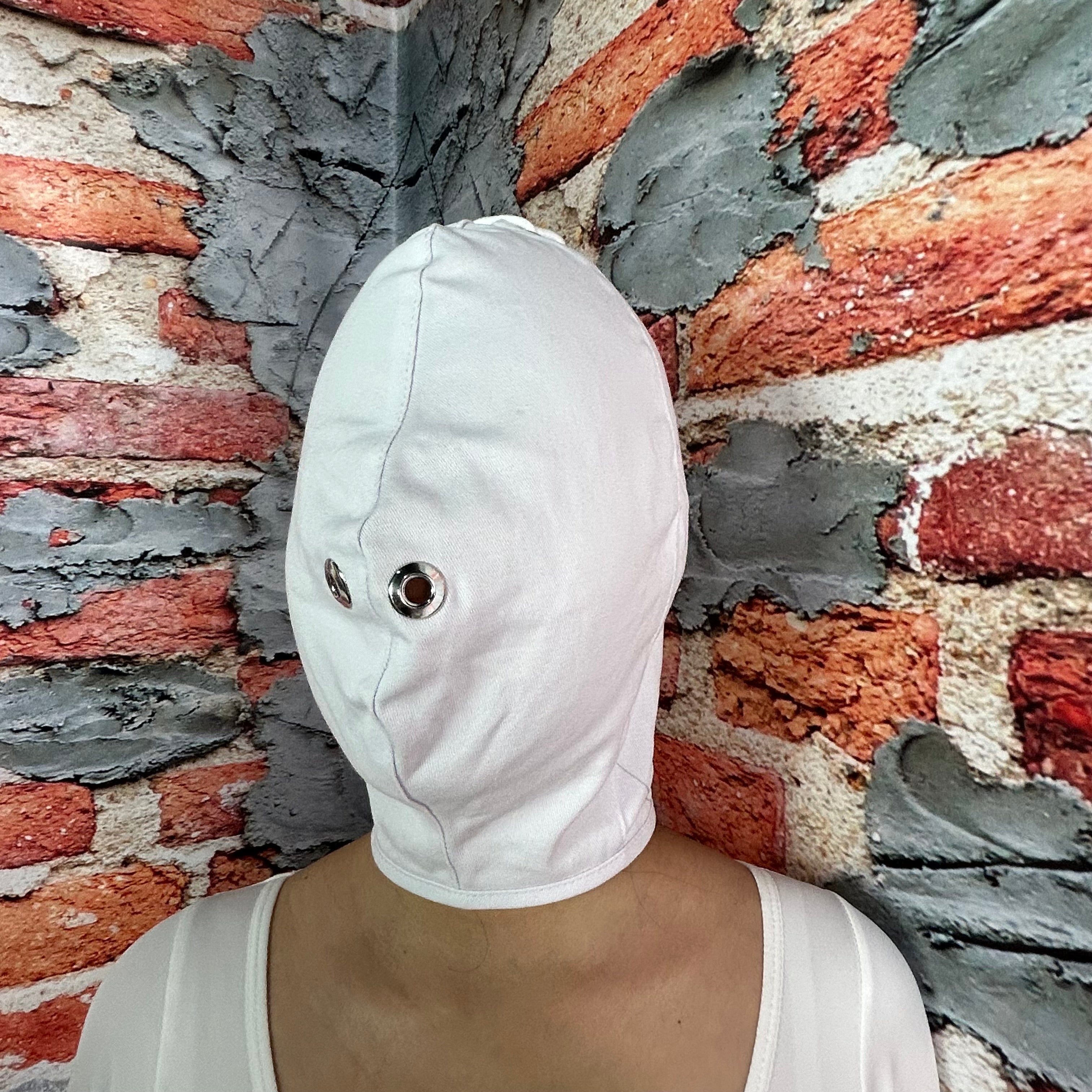 Quirky Bondage Hood Full Face Cover Mask Drawstring at Back Beige