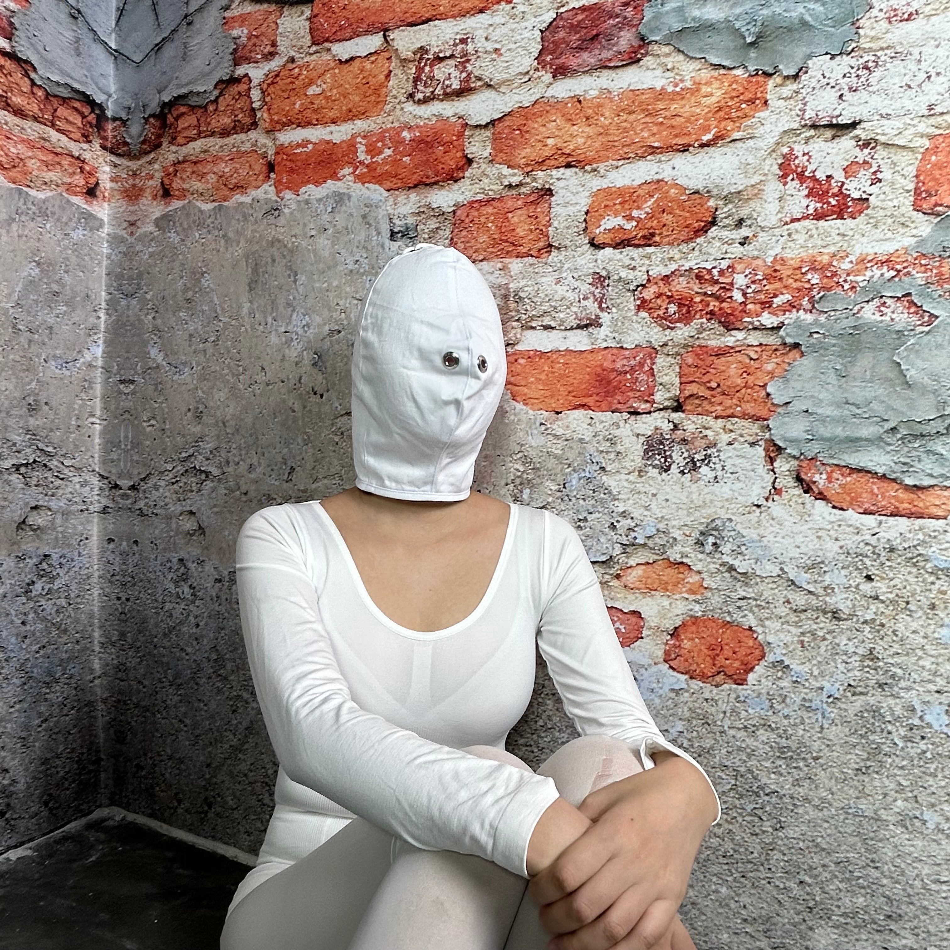 Quirky Bondage Hood Full Face Cover Mask Drawstring at Back Beige